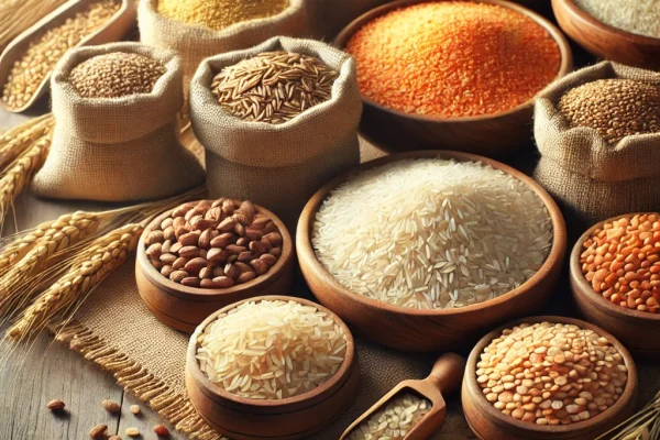 DALL·E 2025-02-11 17.02.54 – A high-quality image showcasing a variety of grains and pulses, including rice, wheat, cereals, millets, and lentils. The grains are neatly arranged i DALL·E 2025-02-11 17.02.54 - A high-quality image showcasing a variety of grains and pulses, including rice, wheat, cereals, millets, and lentils. The grains are neatly arranged i