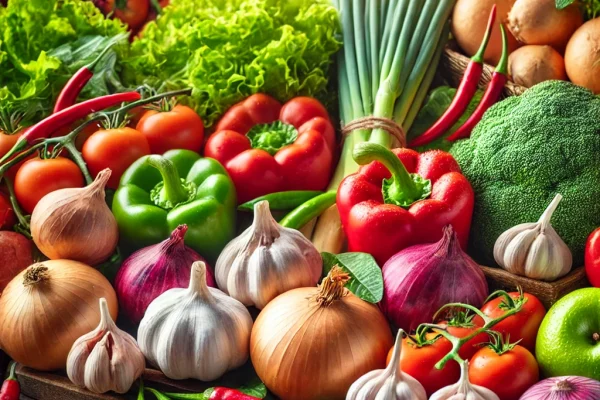 DALL·E 2025-02-11 17.03.13 – A vibrant and high-quality image showcasing fresh fruits and vegetables, including onions, garlic, red chilies, green chilies, tomatoes, and leafy gre DALL·E 2025-02-11 17.03.13 - A vibrant and high-quality image showcasing fresh fruits and vegetables, including onions, garlic, red chilies, green chilies, tomatoes, and leafy gre