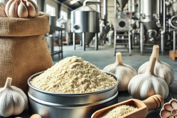 DALL·E 2025-02-11 17.10.59 – A high-quality image of garlic powder in a food processing factory. The powder is displayed in a stainless-steel container with a wooden scoop beside Garlic Powder