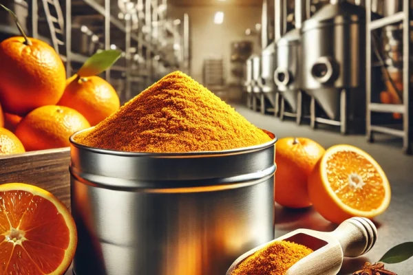 DALL·E 2025-02-11 17.11.28 – A high-quality image of orange powder in a food processing factory. The powder is neatly placed in a stainless-steel container with a wooden scoop bes Orange Powder