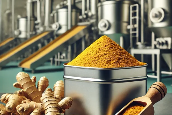 DALL·E 2025-02-11 17.12.17 – A high-quality image of ginger powder in a food processing factory. The golden-brown ginger powder is displayed in a stainless-steel container with a Turmeric Powder