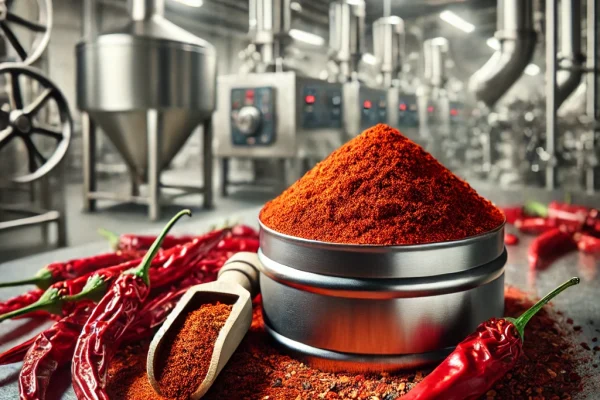 DALL·E 2025-02-11 17.13.02 – A high-quality image of red chili powder in a food processing factory. The vibrant red chili powder is displayed in a stainless-steel container with a DALL·E 2025-02-11 17.13.02 - A high-quality image of red chili powder in a food processing factory. The vibrant red chili powder is displayed in a stainless-steel container with a