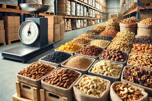 DALL·E 2025-02-11 17.17.57 – A high-quality image of dry fruits in a supplier’s warehouse or processing facility. The image showcases a variety of dry fruits such as almonds, cash Dry Fruits